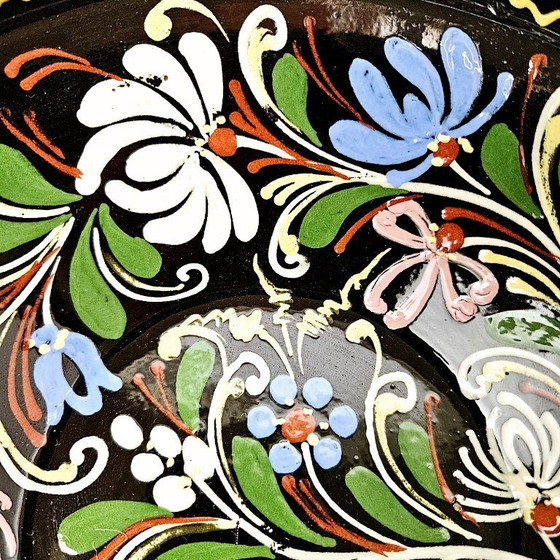 Image 1 of Vintage Hungarian Folk Art Pottery | Handmade Hand-painted Decor Hanging Wall Deep Plate | Traditional Floral Ceramic