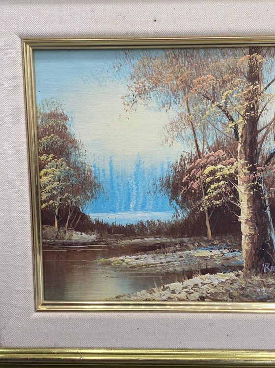 Oil on canvas signed Robert Miller, woodland river landscape, 20th century – Decorative Objects, Textile (photo 5 of 9)