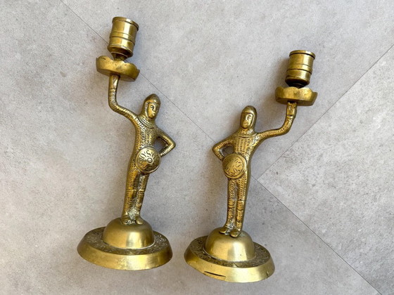 2x Vintage Messing Kandelaars - Ridders – Kandelaars en kaarsen, Brass (photo 3 of 7)