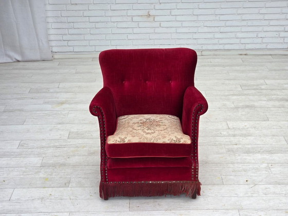 Image 1 of 1970s, Danish armchair, red furniture velour, ash wood.