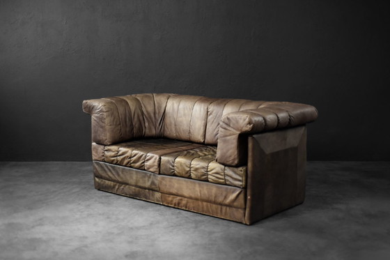 Image 1 of Vintage Mid-Century Modern German Brutalist 2-Seater Brown Leather Bed Sofa, 1970s