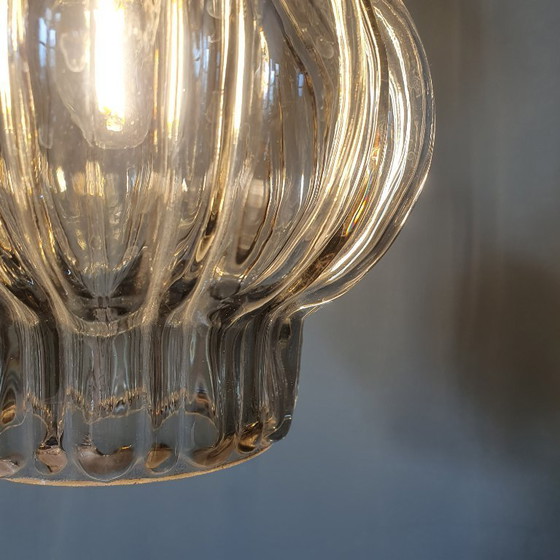 Image 1 of Set of two vintage floral pendant lamps in lantern shape. Mid Century