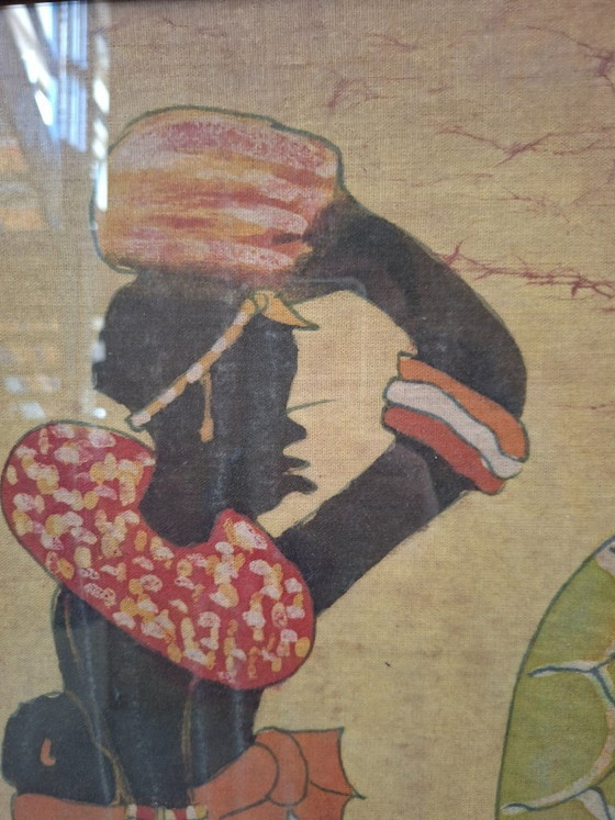 Image 1 of Groot origineel Afrikaans batikschilderij, gesigneerd "Hamidi", kunst op stof, 88 x 79 cm
