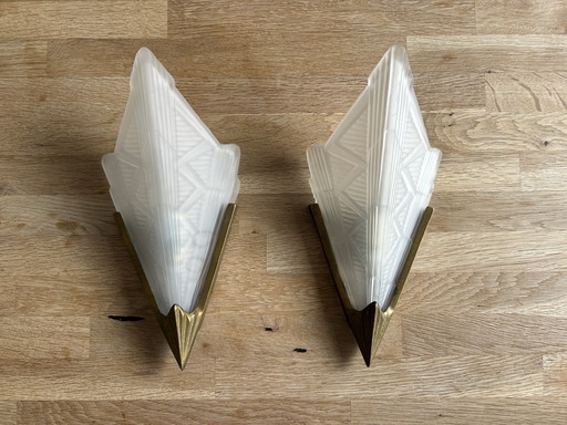 2x Eclectic vintage brass wall lamps (triangle) with satined glass