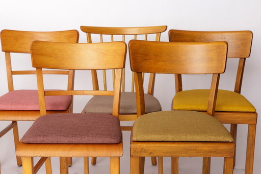 Set van 6 Vintage Duitse eetkamerstoelen, 1950-1960 | Beukenhouten frames, kleurrijke bekleding, Mid Century Modern