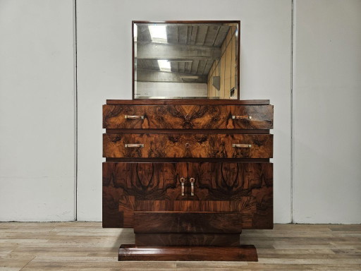 1940s Art Decò sideboard in walnut burl with mirror