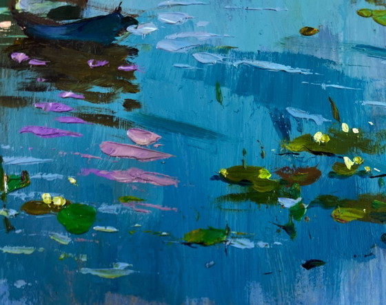 Image 1 of Original Oil Painting Summer River Landscape River carries a boat through silence