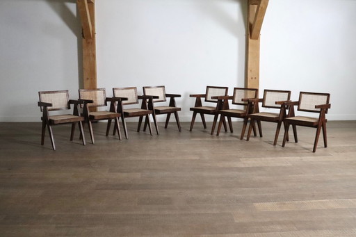Set di 8 sedie da ufficio in canna Pierre Jeanneret, India anni '50