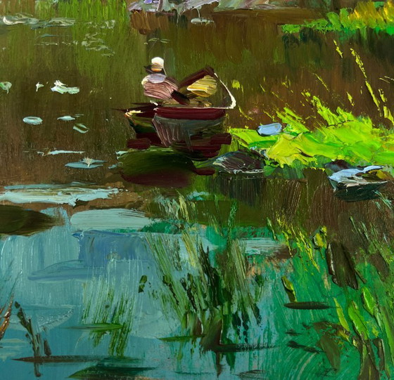 Image 1 of Original Oil Painting Summer River Landscape River flows through rocky cliffs