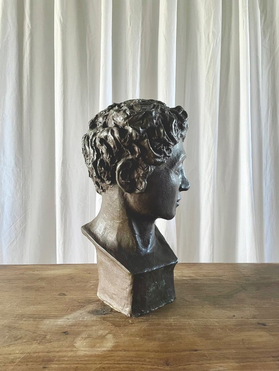 Image 1 of Terracotta bust with a bronze patina, inspired by antiquity, signed
