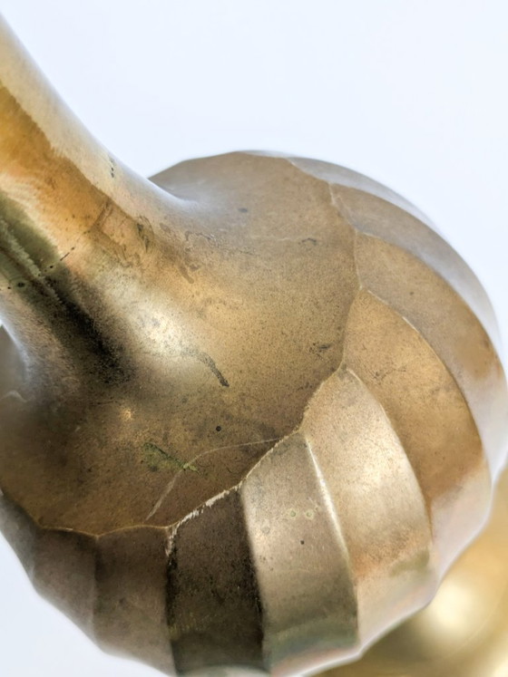 Vintage Solid Brass Trumpet-Shaped Pedestal Vase With Ribbed And Swirl Details (photo 8 of 15)