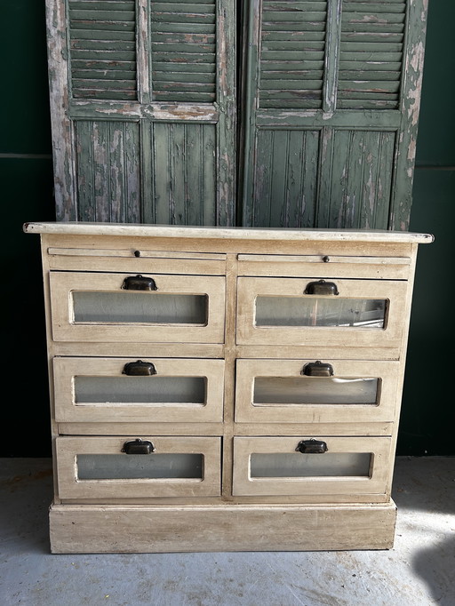 Antique grain cabinet - 6 glazed drawers