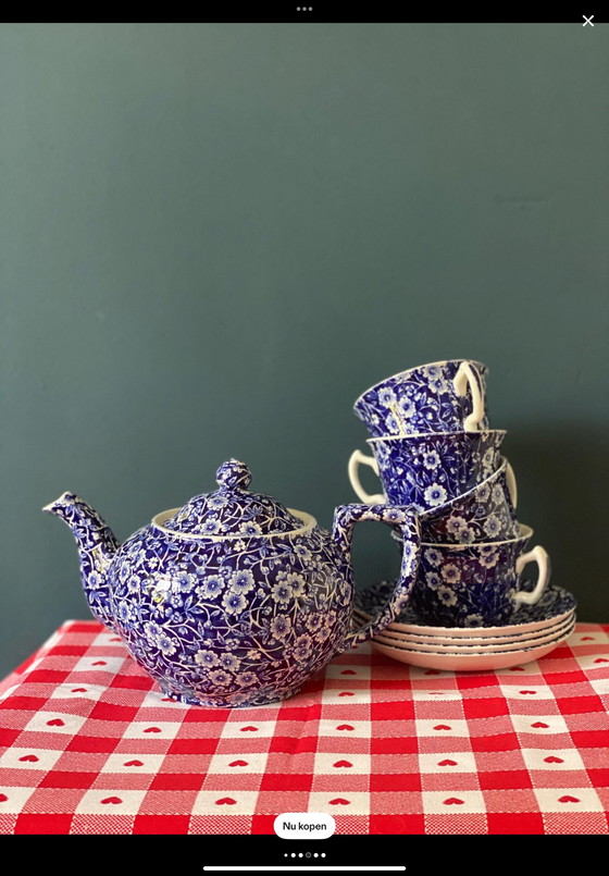 Image 1 of Set van 4 kop en schotels + theepot Calico Burleign cobalt blauw