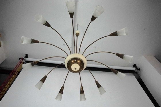 Image 1 of Large Italian Mid-Century Sputnik Brass Chandelier with Satin Glass, 1950s