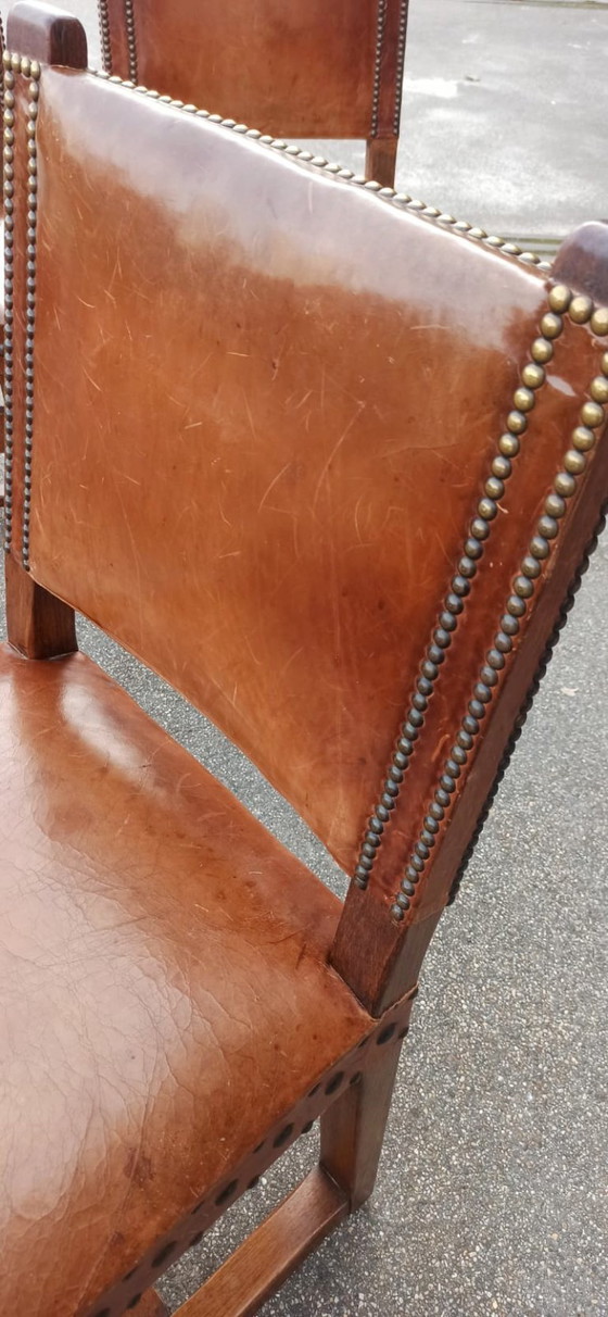 Image 1 of 6 x vintage  Spanish solid wood and leather dining chairs