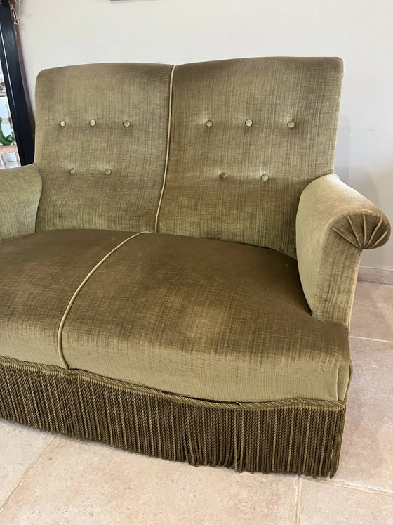 vintage double toad sofa in olive green fabric and trimmings – 2 seaters, Velvet, Art Deco (photo 3 of 15)
