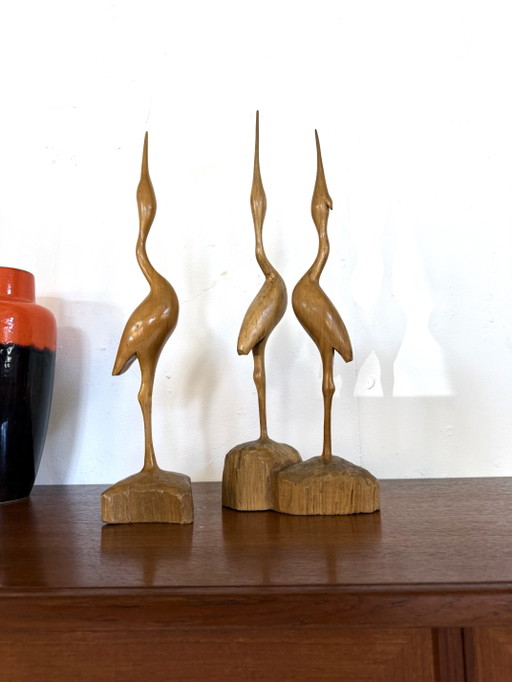 Conjunto antiguo de tallas de madera de garzas de los años 60.