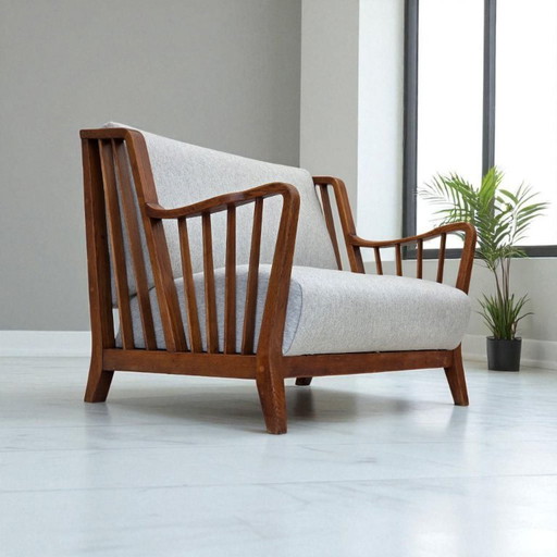 1950s, Scandinavian 2-seater sofa, reupholstered, furniture wool, oak.