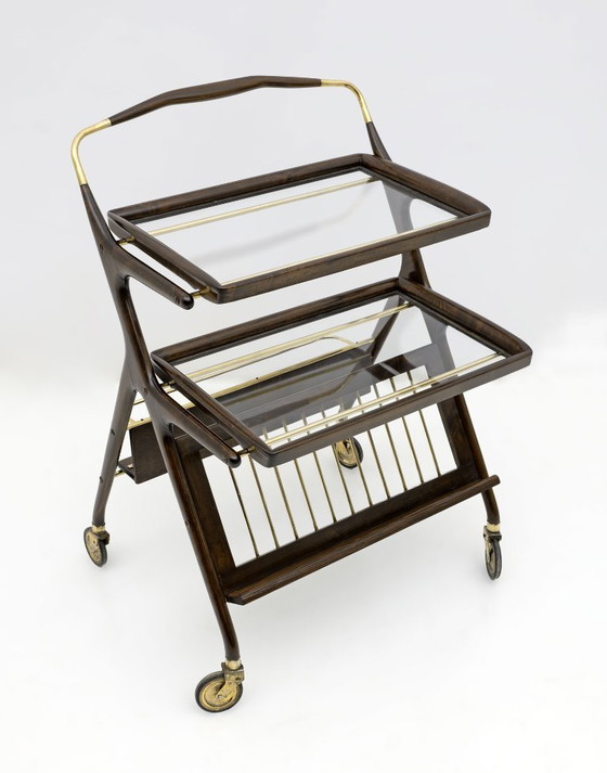 Image 1 of Cesare Lacca Mid-Century Modern Italian Walnut and Brass Bar Cart by Cassina 50s