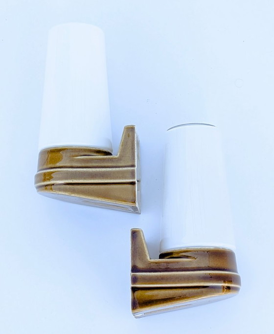 Image 1 of  Paar Wandleuchten aus ockerfarbenem Porzellan „Bernadotte“, Modell 6080, von Sigvard Bernadotte für Ifö – 1960er Jahre