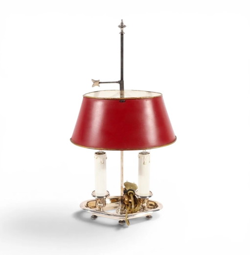 Nickel-plated Bouillotte lamp with 2 candle holders and red tin shade / mid century