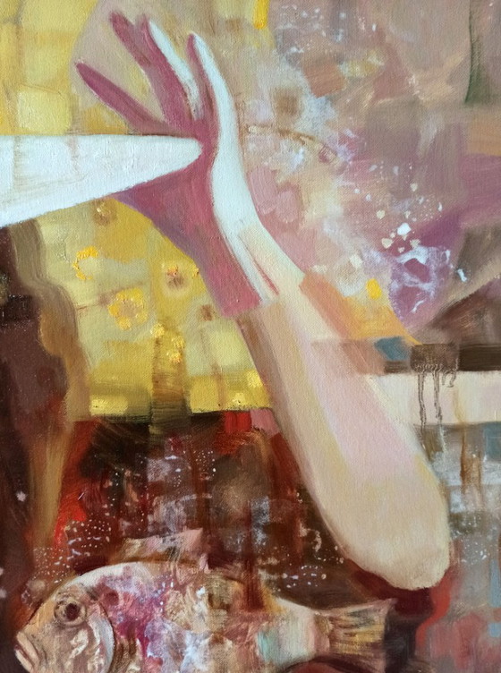 Origineel olieverfschilderij, abstract figuratief meisje, surrealisme, zwevende vis (photo 4 of 10)