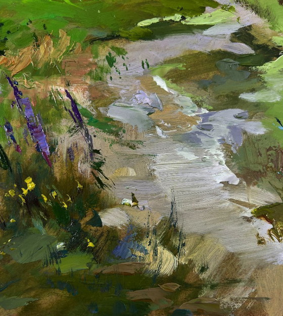 Image 1 of Original Oil Painting Summer Village Landscape Morning With Cows In Rustic