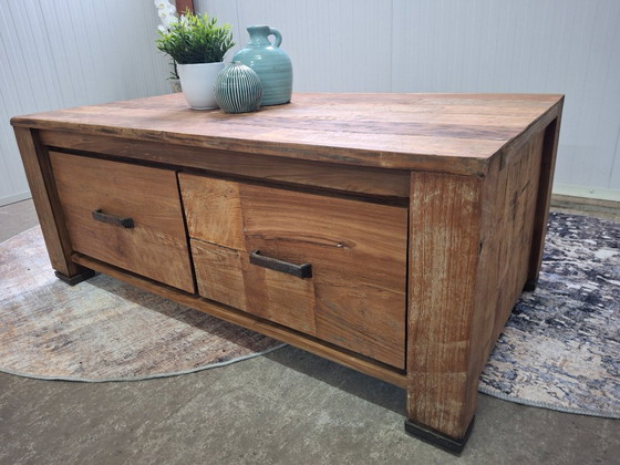 Image 1 of Table basse en teck recyclé avec 4 tiroirs, neuve
