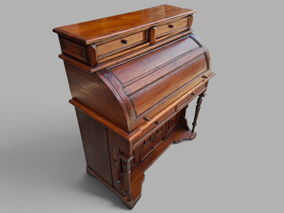 Scrivania a cilindro antica, scrivania a rullo, secretaire in legno di mogano, dimensioni: 102x45cm e 117cm (photo 2 of 5)