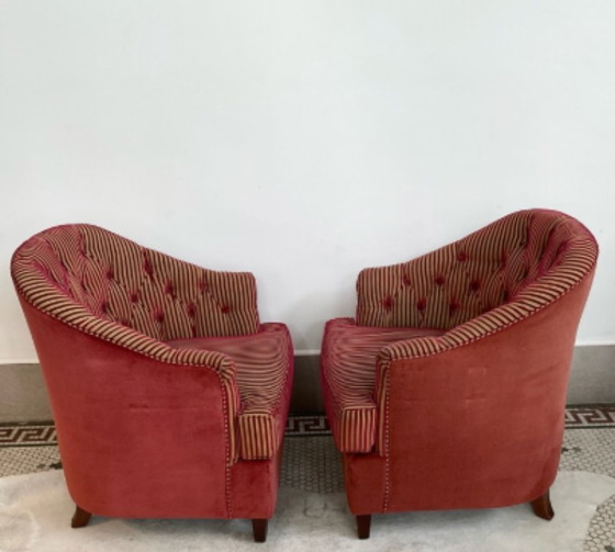 Image 1 of Ensemble de 6 fauteuils en velours + 2 poufs ovales