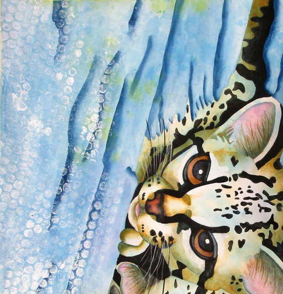 Image 1 of Two cute leopard cubs hiding in a tree (handgeschilderd)