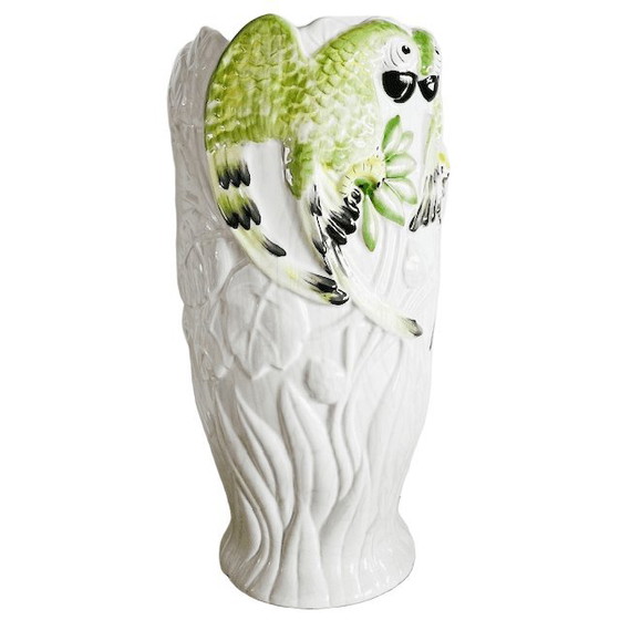 Image 1 of Vintage Portuguese XL white ceramic vase hand-painted parrots 1940s