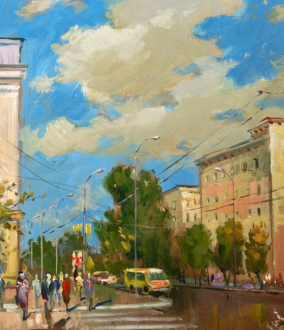 Image 1 of Pintura al óleo original Paisaje urbano de verano Ritmo veraniego de la ciudad