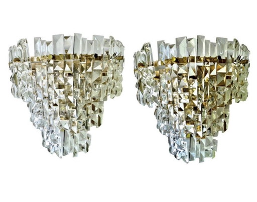 Kinkeldey Pair Wall Lighting Glass Cut With Brass Structure, Austria, 1970