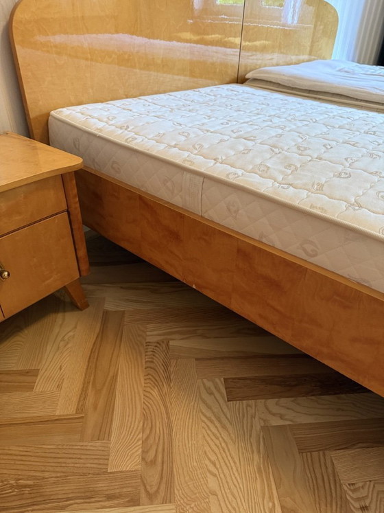 Image 1 of Vintage Mid-Century Bed 2x2m Bird's-eye Maple High Gloss 1950s + Mattress