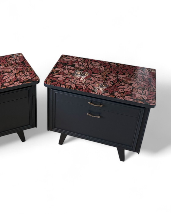 Image 1 of Vintage bedside tables with Fornasetti Foglie e Civette | The Vintage Vibe