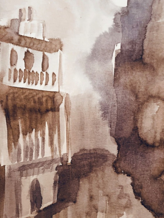 Image 1 of Dipinto ad acquerello monocromatico firmato seppia Chiaro di luna su Tangeri