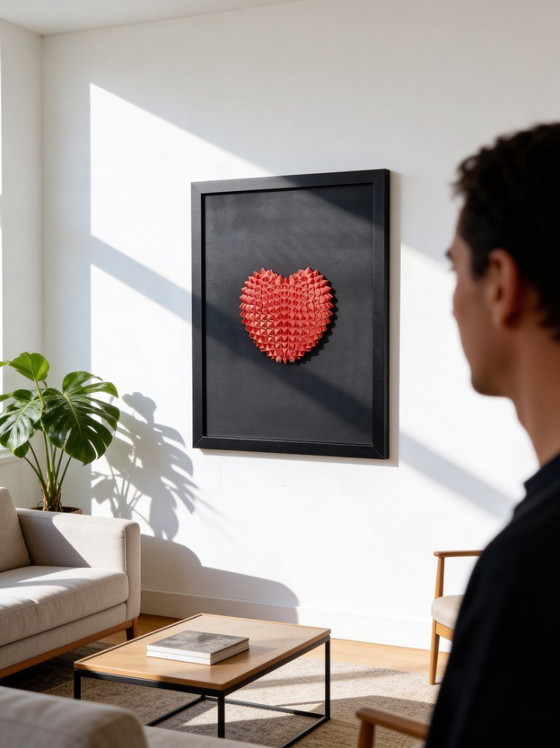 Image 1 of Décoration murale géométrique en forme de cœur 3D – Sculpture rouge en PLA sur toile noire (encadrée)