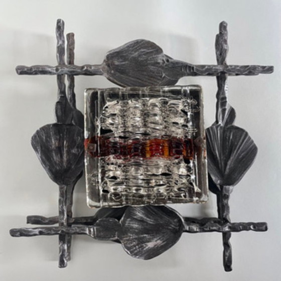 Image 1 of Pair of Brutalist wall sconces – Hand-Forged iron with Artistic glass – Italy 1960s–70s