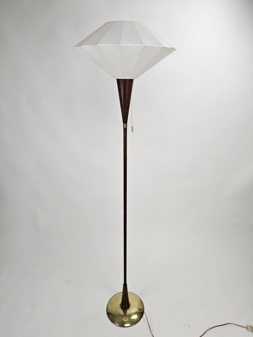 Floor lamp teak hourglass diabolo model with cocoon shade