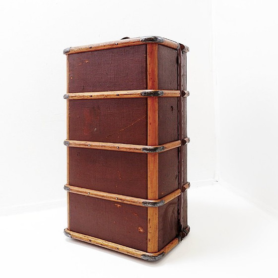 Image 1 of Valise-malle de voyage ancienne en toile et bois des années 1920, bagage vintage