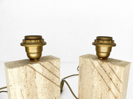 Image 1 of Pair of solid travertine table lamps with incised decoration, French production, circa 1970–1980