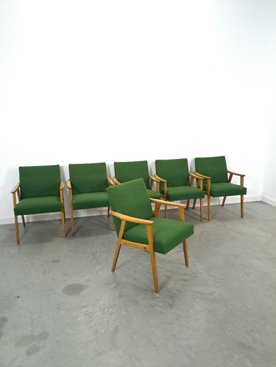 Image 1 of Set of 6 groene eetkamerstoelen met beukenhout