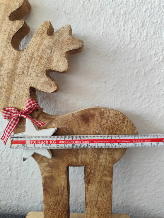 Image 1 of 🌲 Cute wooden moose figurine – 40 cm – natural – with bow & star 🌟