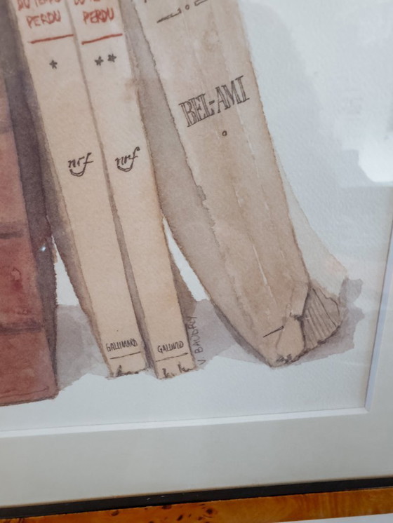 Image 1 of Watercolor paintings of books in burlwood frame, set of 2