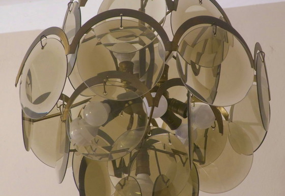 Image 1 of Lampadario Vistosi con 28 dischi di vetro ambrato sfaccettato, Italia, anni '60