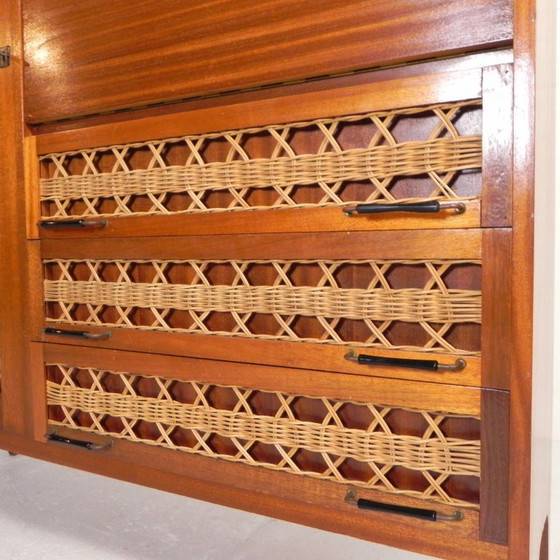 Image 1 of Mobiletto vintage, scrittoio in rattan e legno, anni '60