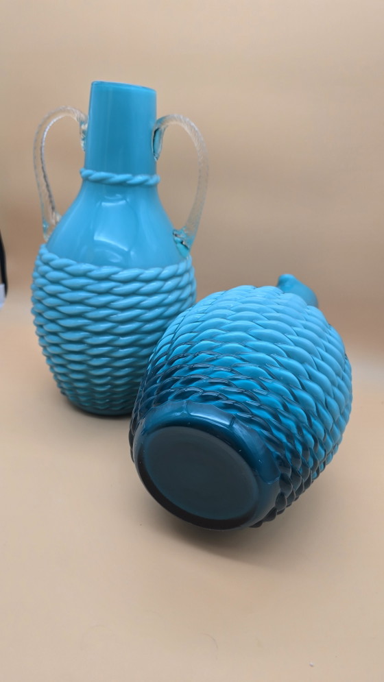 Pair of Vintage Turquoise Opaline Glass Jugs - Empoli, 1950s/1960s – Glass art (photo 3 of 5)