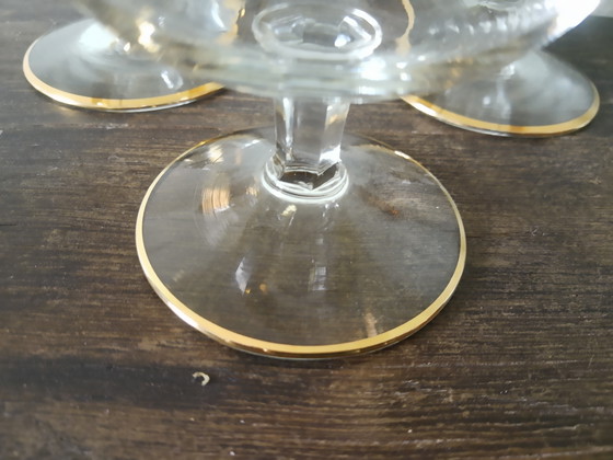 Image 1 of Prachtige 60's vintage brandy whisky whiskey cognac glazen met bladgouden randen en blauwe details