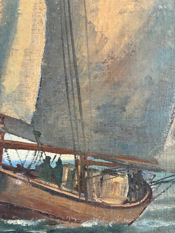 Dipinto a olio vintage firmato, veliero, paesaggio marino – Dipinti e disegni, Canvas (photo 5 of 13)